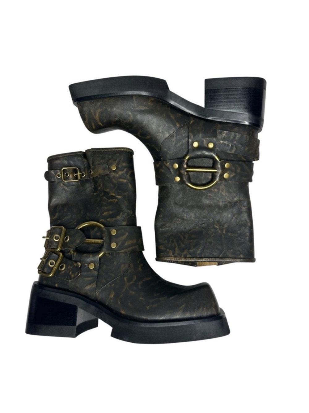 Jeffrey Campbell Lights Out Distressed Brown and Gold Moto Boots 9 new - Picture 7 of 14